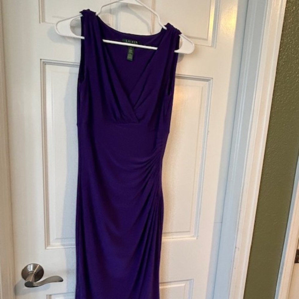 Lauren Ralph Lauren Dress Purple Ruched Sleeveless Knee Length